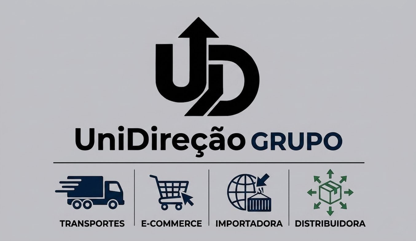 Logo UniDireção Grupo com áreas Transportes, E-commerce, Importadora e Distribuidora
